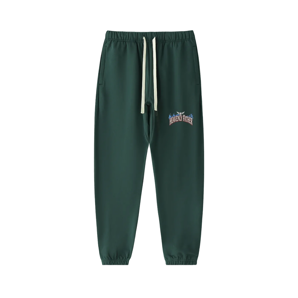 Green jogger pants with a brand logo on a white background