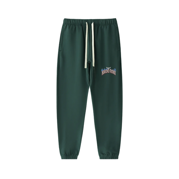 Green jogger pants with a brand logo on a white background